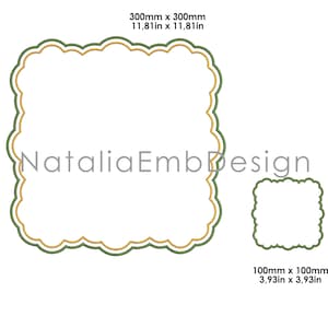 May include: Two scalloped-edge frames, one large and one small, with green and gold borders. The larger frame measures 11.81 inches by 11.81 inches, and the smaller frame is 3.93 inches by 3.93 inches. The text "NataliaEmbDesign" is present.