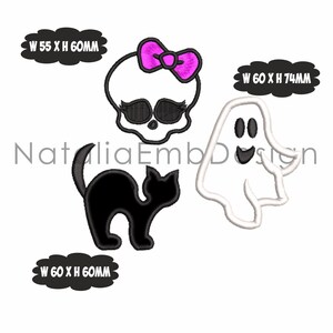 May include: Embroidered Halloween designs including a skull with a pink bow (55mm x 60mm), a white ghost (60mm x 74mm), and a black cat (60mm x 60mm). The designs are on a white background. The text "Natalia EmbDesign" is also present.