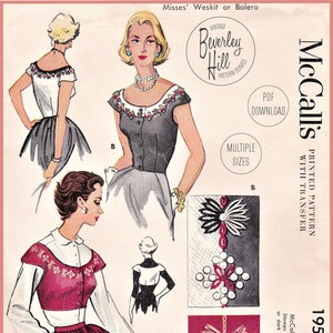 May include: Vintage McCall's pattern 1952 featuring illustrations of a weskit or bolero. The pattern includes multiple sizes and a transfer. The design features a woman in a dark gray top with a white collar and a matching skirt.