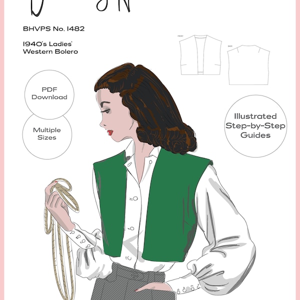 Reproduction de patrons de couture vintage - Plusieurs tailles - Gilet boléro occidental pour dames des années 1940 No.1482 - TÉLÉCHARGER LE PDF