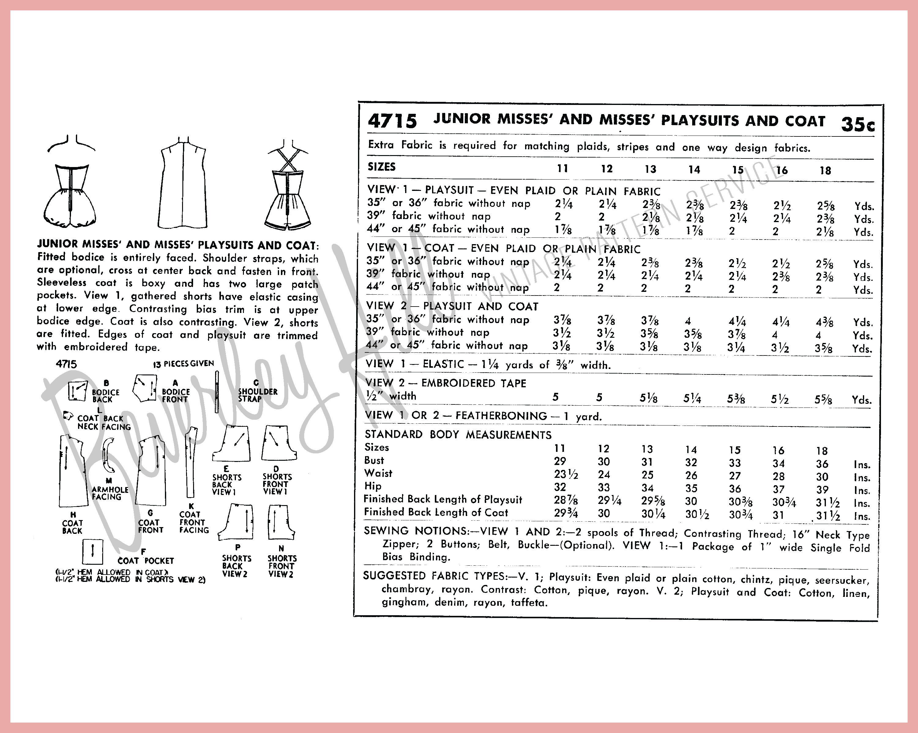 Vintage Sewing Pattern Reproduction- 1950's 50's Playsuits Vintage Sewing Pattern Reproduction- 1950's 50's Playsuits