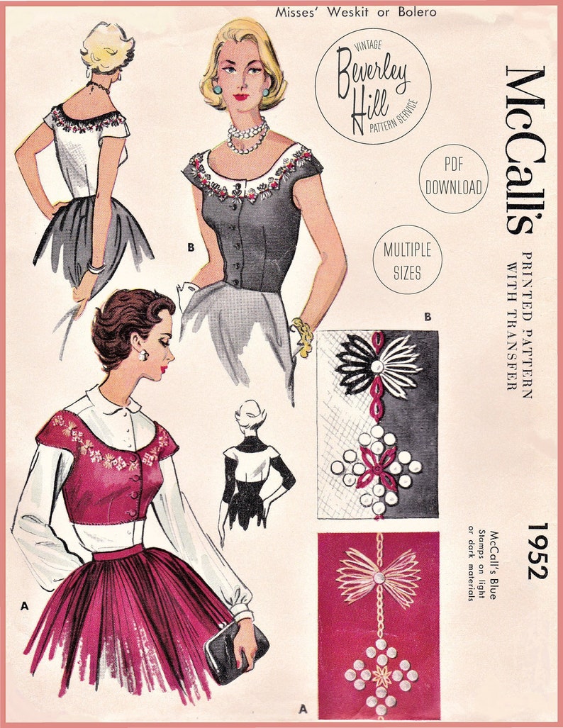 1950s Sewing Patterns | Dresses, Skirts, Tops, Mens     Vintage Sewing Pattern Reproduction - 1950s Embellished Weskit or Bolero Embroidery Multi Sized Bust 30 32 34 Inches INSTANT DOWNLOAD PDF $12.50 AT vintagedancer.com