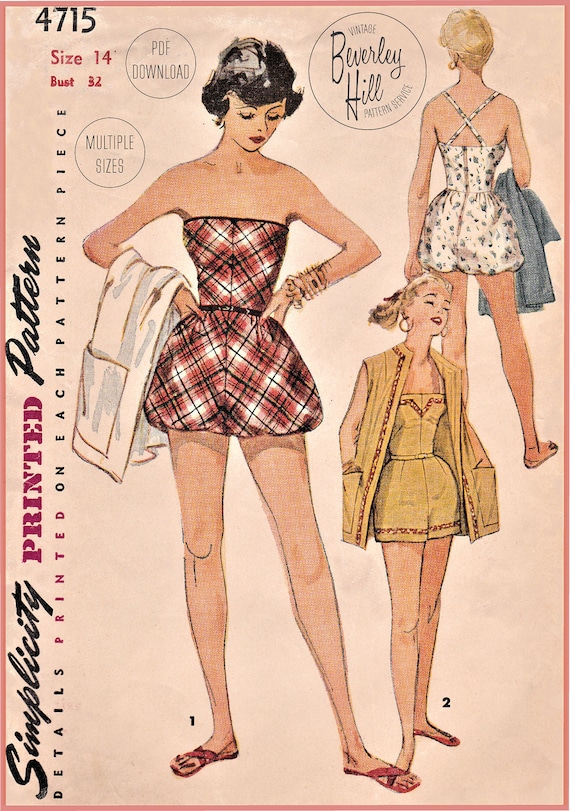 Vintage Sewing Pattern Reproduction 1950's 50's Playsuits Sleeveless Coat  Multiple Sizes Bust 29 30 31 32 33 34 36 Inch INSTANT DOWNLOAD 