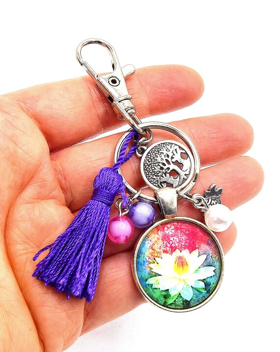 Porte Clés Fleur De Lotus Chakras Décoration Sac à Main Bijoux Cabochon Pompon Bijoux Feng Shui