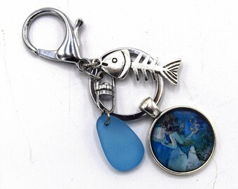 Keychain cabochon Mermaid ocean - blue stone skeleton fish blue fish keychain