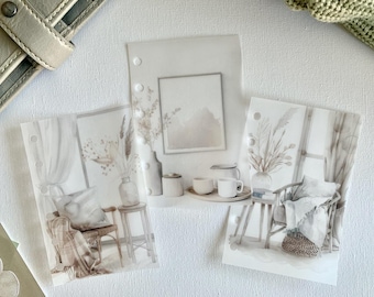Painéis de planejamento em papel vegetal em tons neutros e modernos - Conjunto de 3 - A5, B6, Personal Wide, Personal, A6, Pocket e Mini Ring Planners. Adicione decoração e sobreposição de camadas.