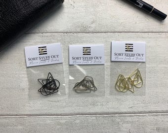 Mixed Sets of Gold, Silver and Black Teardrop Paperclips - Functional and Decorative - Use with Notes, Journal Cards - Planner Accessories