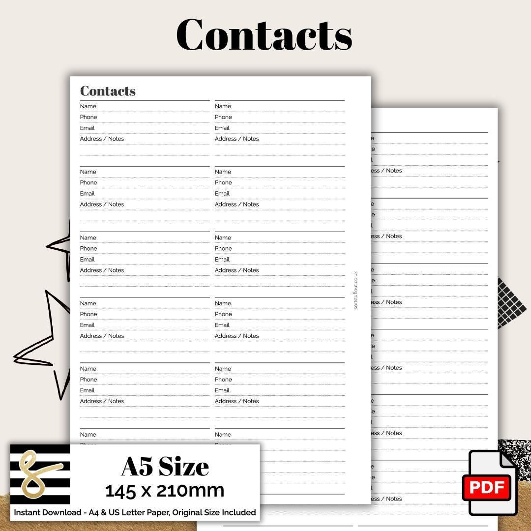 Contacts Pdf File A5 Contacts Printable PDF - Instant Download - Disc or Rings ...