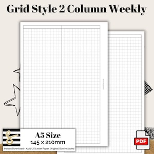 A5 Grid Style 2 Column Weekly Printable PDF - Instant Download - Disc or Rings - WO2P Insert