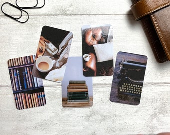 Journal Cards - Cosy reading and typewriter set - 5 Pack for Planner Deco - Use as Bookmarks, Decoration - Clip and Card Holder Options