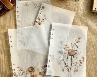 Höstfärgade pergamentpaneler med vilda blommor - 4-pack - Passar A5, B6, PW, Personal, A6, Pocket, Mini Ring Planners. Lägg till dekoration och lager på lager