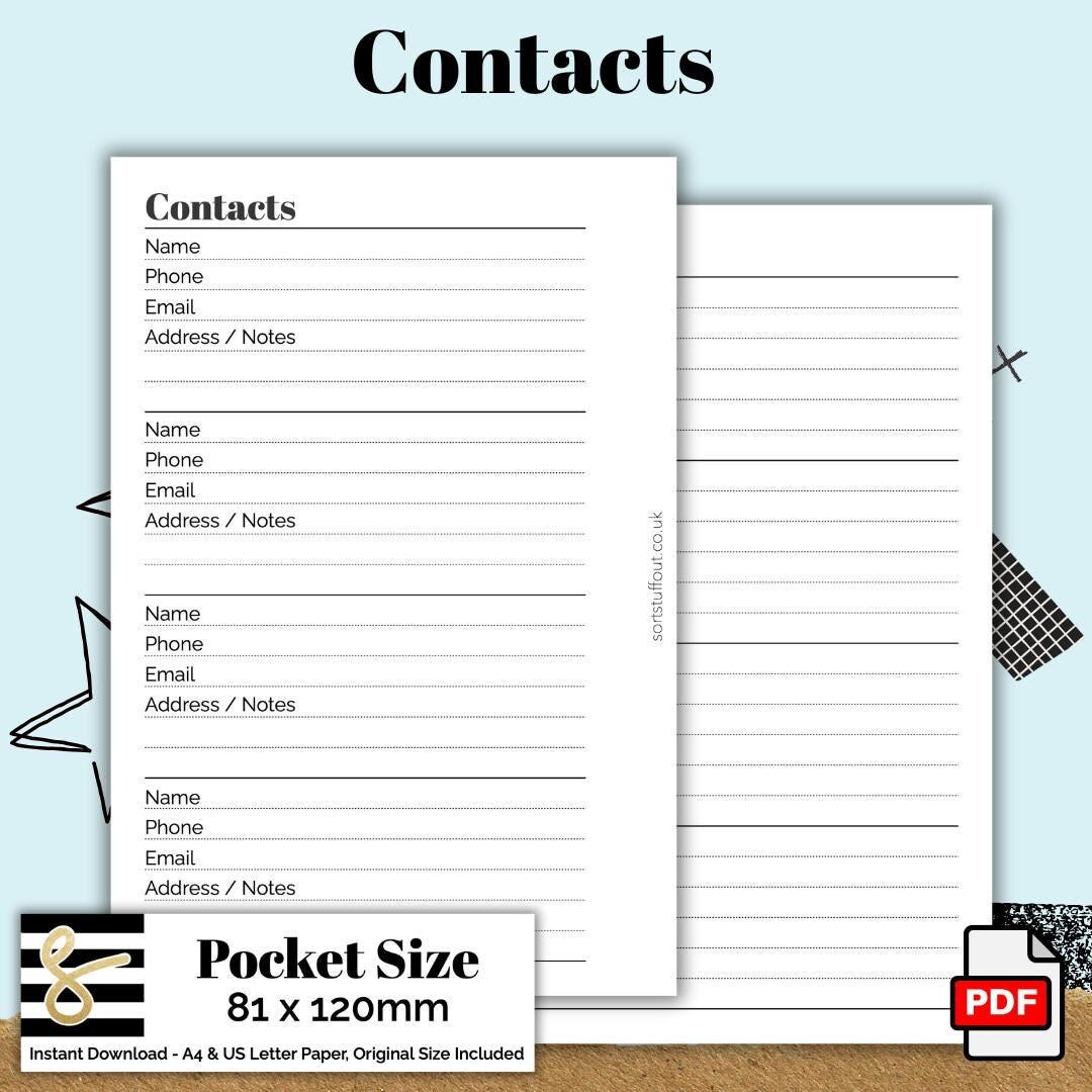 Contacts Pdf File Pocket Contacts Printable PDF - Instant Download - Disc or Rings ...