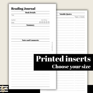 Reading Journal - Printed & Punched Inserts - Fits A5, B6, Personal Wide, Personal, A6, Pocket +, Pocket Ring Planners. GM, MM, PM