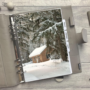 Winter Snowy Log Cabin Dashboard - Fits A5, B6, Personal Wide, Personal, A6, Pocket, Mini Ring Planners. Protective Cover.