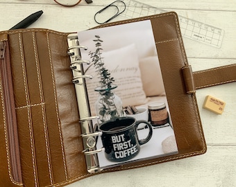 But First Coffee Dashboard - Fits A5, B6, Personal Wide, Personal, A6, Pocket, Mini Ring Planners. Protective Cover.