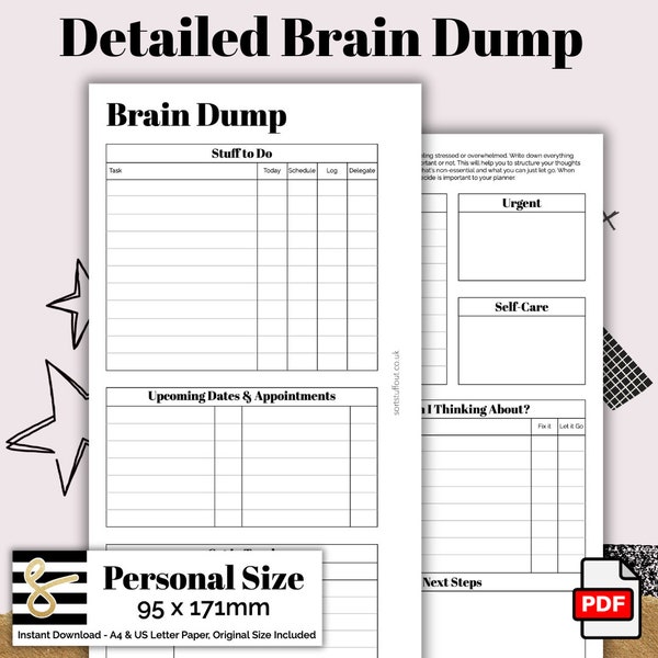 Detailed Brain Dump Personal Planner Printable PDF - Instant Download - Disc or Rings - Productivity Insert - To Do - GTD - Inbox