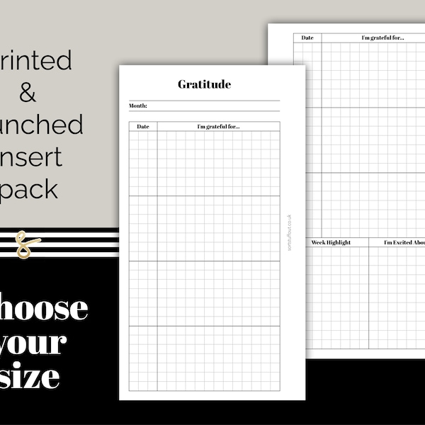 Gratitude Tracker - Printed & Punched Inserts - Fits A5, B6, Personal Wide, Personal, A6, Pocket +, Pocket Ring Planners, GM, MM and PM