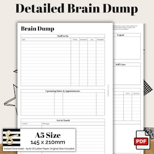 Detailed Brain Dump A5 Planner Printable PDF - Instant Download - Disc or Rings - Productivity Insert - To Do - GTD - Inbox