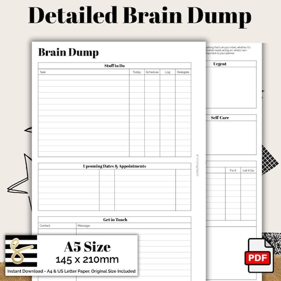 Detailed Brain Dump A5 Planner Printable PDF - Instant Download - Disc or Rings - Productivity Insert - To Do - GTD - Inbox