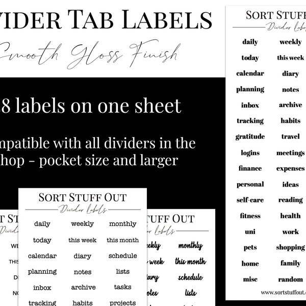 Etiquetas divisorias: ¡48 en una hoja! Elija su fuente: compatible con Sort Stuff Out Clear y Photo Dividers