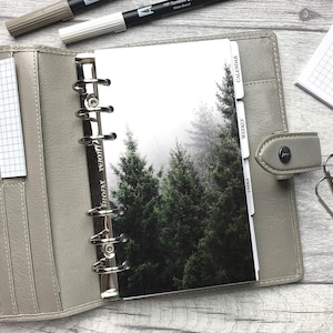 Tablero de pinos y niebla. Compatible con agendas A5, B6, Personal Wide, Personal, A6, de bolsillo y minianillas. Funda protectora.