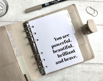 Beautiful, Brilliant & Brave Quote Dashboard - Fits A5, B6, Personal Wide, Personal, A6, Pocket, Mini Ring Planners. Protective Cover.