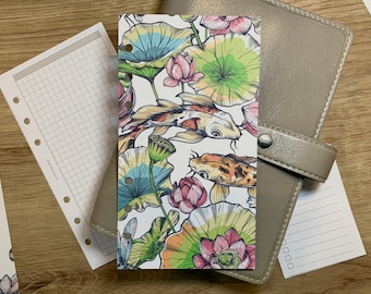 Koi and Lotus Dashboard - Fits A5, B6, Personal Wide, Personal, A6, Pocket, Mini Ring Planners. Protective Cover.