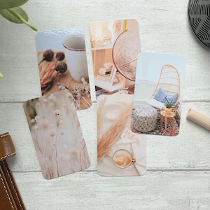 Tarjetas de diario - Set de 5 tarjetas en tonos neutros cálidos para decorar tu agenda - Úsalas como marcapáginas o decoración - Opciones con clip y portatarjetas