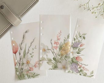 Planchas de vitela con diseño de acuarela primaveral - Juego de 3 - A5, B6, Personal Wide, Personal, A6, Pocket, Mini Ring Planners. Añade decoración y capas.