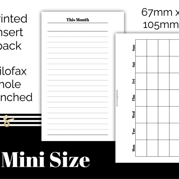 Inserts mensuels avec notes - Inserts imprimés et perforés - Convient aux mini planificateurs à anneaux Filofax