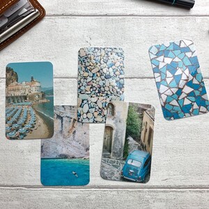 Cartões de diário - Conjunto azul para férias de verão - Pacote com 5 para decoração de planejador - Use como marcadores de página, decoração - Opções de clipe e porta-cartões