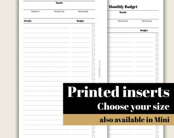 Monthly Budget - Printed & Punched Budget Inserts - A5, B6, Personal Wide, Personal, A6, Pocket +, Pocket Ring Planners