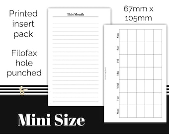 Monthly Inserts with Notes - Printed & Punched Inserts - Fits Filofax Mini Ring Planners