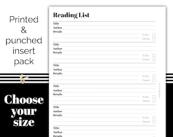 Reading List - Printed & Punched Inserts - Fits A5, B6, Personal Wide, Personal, A6, Pocket +, Pocket Ring Planners