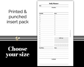Daily Planner with Hourly Schedule - Printed & Punched Inserts - Fits A5, B6, Personal Wide, Personal, A6, Pocket+, Pocket Rings