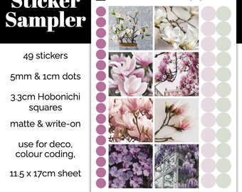 Spring Sticker Sampler Stickers - Dots and Deco Squares - Hobonichi Cousin Size -Colour Coding. 49 Stickers on One Sheet