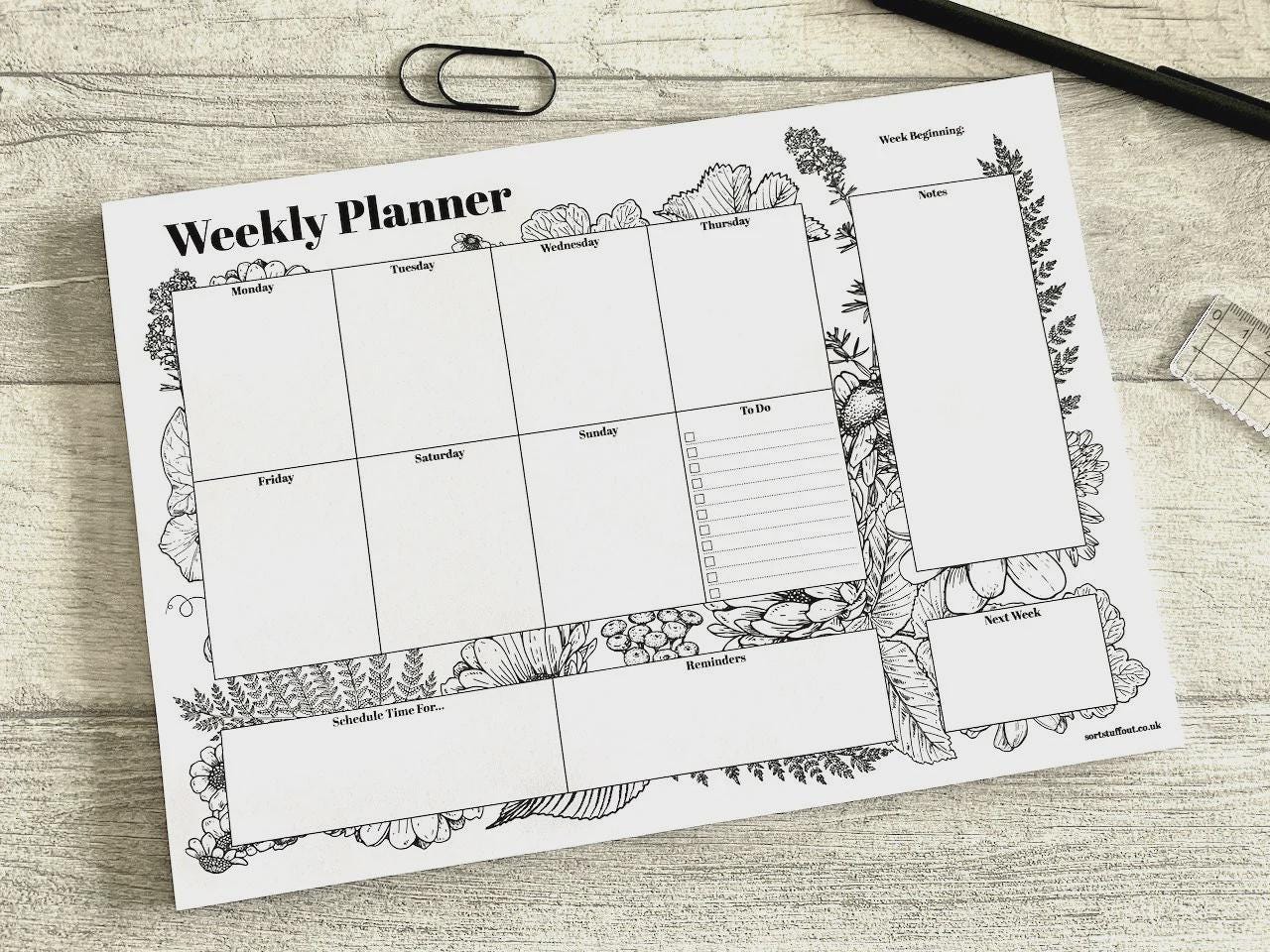 Weekly Planner Monochrome Floral Pad - Organise Yourself With This A4 ...