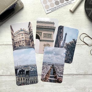 Cartões de diário - Conjunto Paris em tom frio - Pacote com 5 para decoração de planejador - Use como marcadores de página, decoração - Opções de clipe e porta-cartões