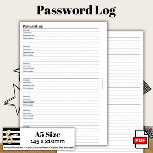 A5-Passwortprotokoll als druckbare PDF-Datei – Sofort-Download – CD- oder Ringbefestigung – Produktivitäts-Einlage