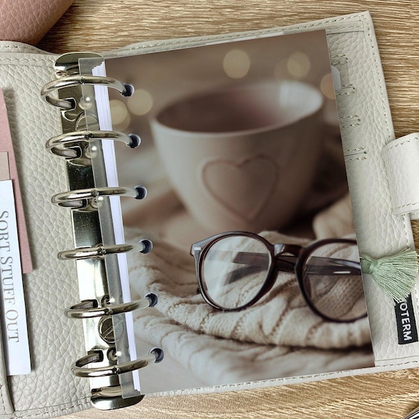Heart Mug & Glasses Dashboard - Fits A5, B6, Personal Wide, Personal, A6, Pocket, Mini Ring Planners. Protective Cover.