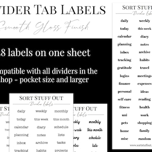 Etiquetas divisorias: ¡48 en una sola hoja! Elige tu fuente. Compatible con separadores transparentes y con fotos Sort Stuff Out.