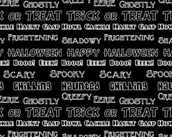halloween words phrases white on black cotton fabric sold by the 12 yard boooo ville happy halloween trick or treat ghostly scary