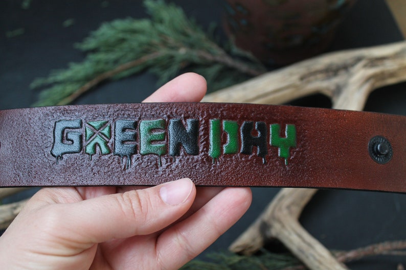 custom name bracelet leather cuff rocker bracelet Green Day tooled leather bracelet