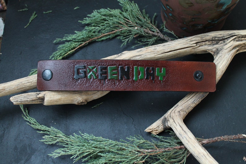 custom name bracelet leather cuff rocker bracelet Green Day tooled leather bracelet