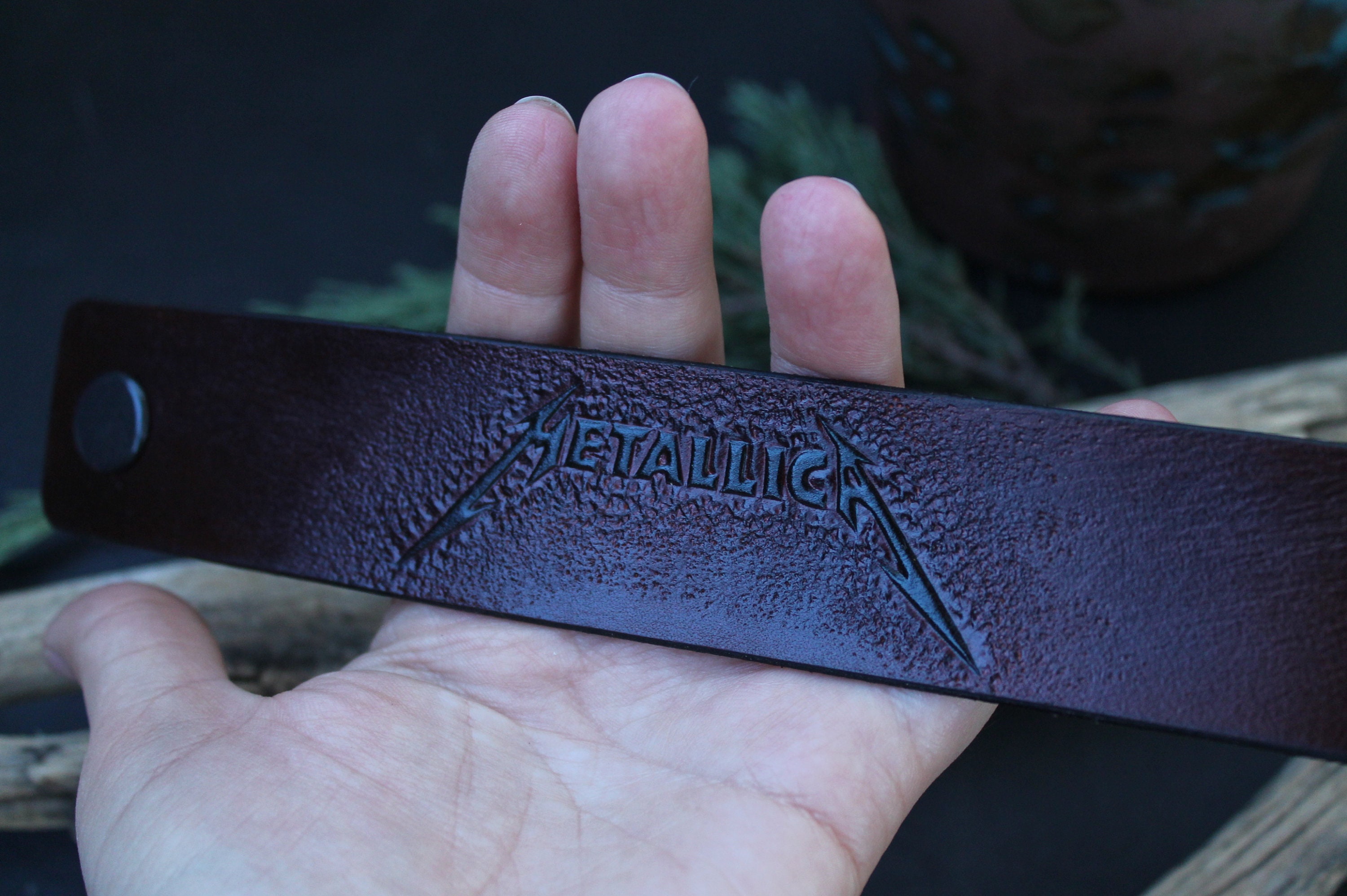 Metallica hand tooled leather bracelet embossed leather cuff Etsy