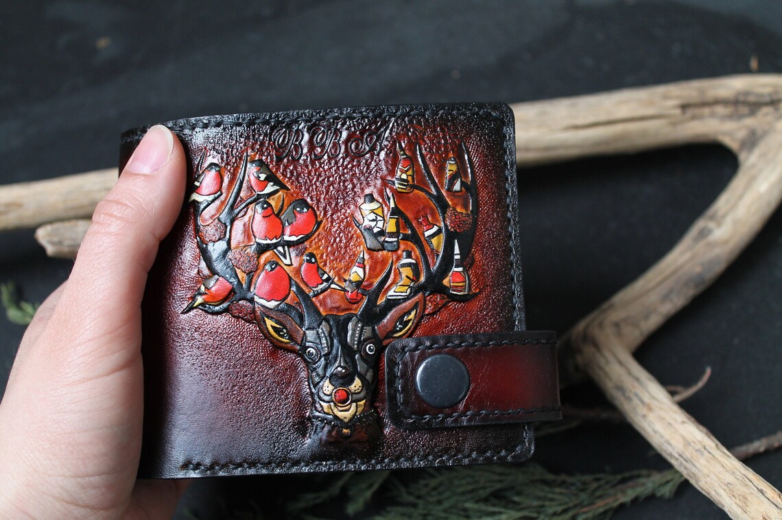 Leather wallet with Deer handtooled leather bifold Etsy