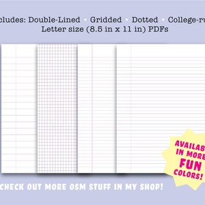 Op de afbeelding: Vier verschillende afdrukbare notitieboekpapier stijlen: dubbel geregeerd, geruit, gestippeld en college-geregeerd. Letterformaat (8,5 inch bij 11 inch) PDF's. Verkrijgbaar in meer leuke kleuren. Bekijk meer OSM-spullen in mijn winkel!