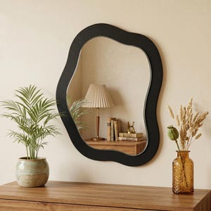 May include: A black, organically shaped wall mirror hangs above a wooden dresser. A potted plant and a vase with dried flowers are on the dresser. The mirror reflects a lamp and books.