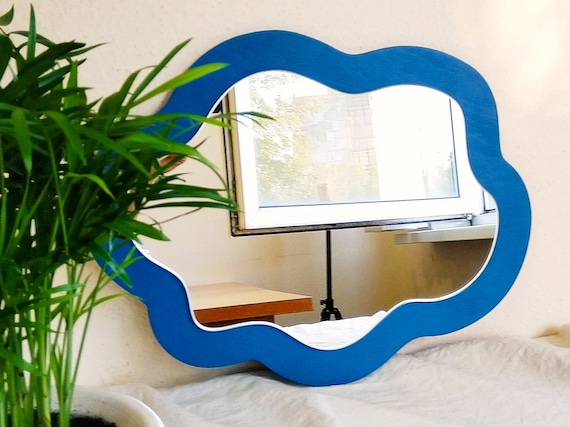 Decorative Nursery Mirror Cloud Shape Navy Blue Wavy Mirror