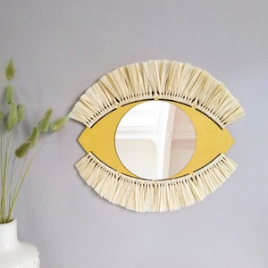 Evil eye mirror wall decor with raffia, Open eye decor for yoga room, Boho mirror, Housewarming gift, Boho lovers gift
